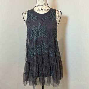 Anthropologie Beaded Floral Lace Tunic Sz Medium Gray  Boho Mesh OB1257115